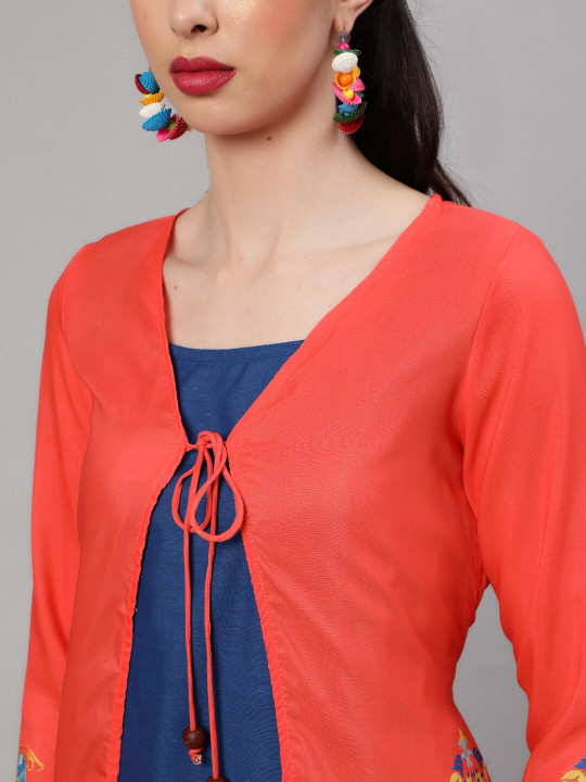 Orange Ethnic Motifs Printed Sheath Dress with Shrug