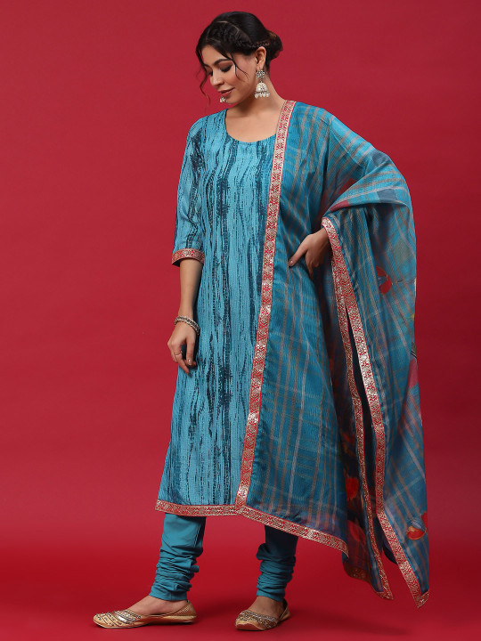 Blue printed straight kurta set