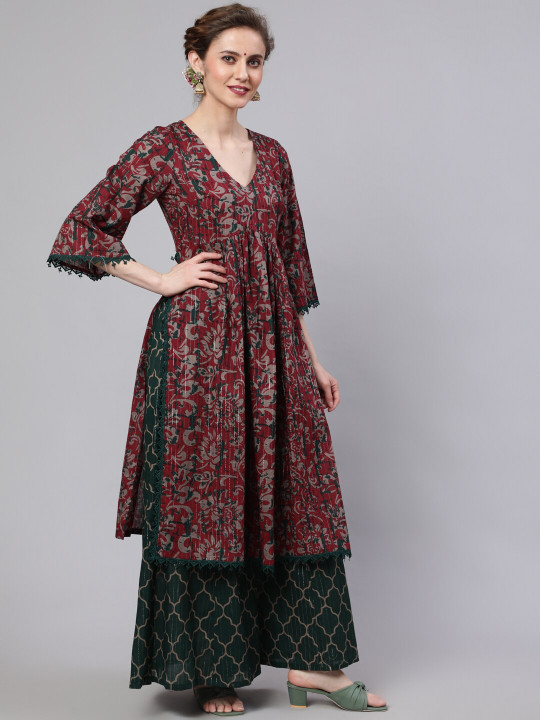 Maroon and green ethnic kurta set