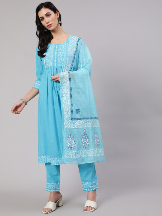 Sky blue printed Anarkali kurta set