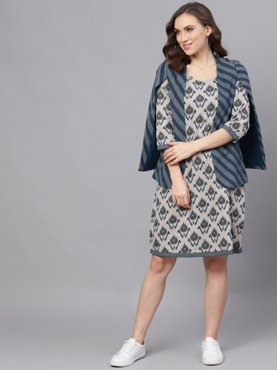 Grey & Blue Ikat Printed A-Line Dress with Cape Jacket