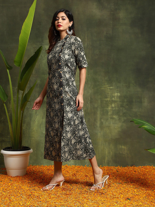 Olive green floral printed midi dress