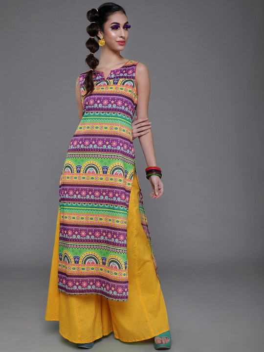 Ethnic Motifs Printed Sleeveless Cotton Silk Kurta