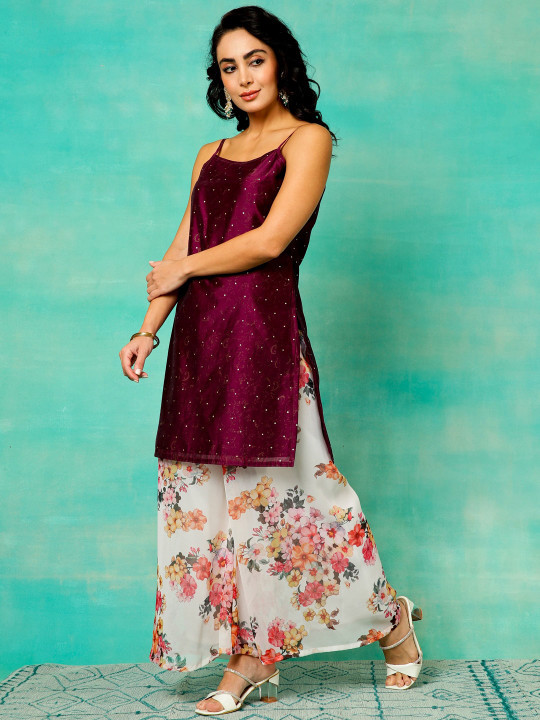 Purple embellished shoulder strap kurta set