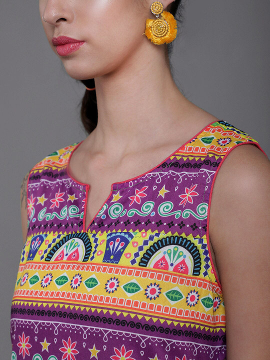 Ethnic Motifs Printed Sleeveless Cotton Silk Kurta