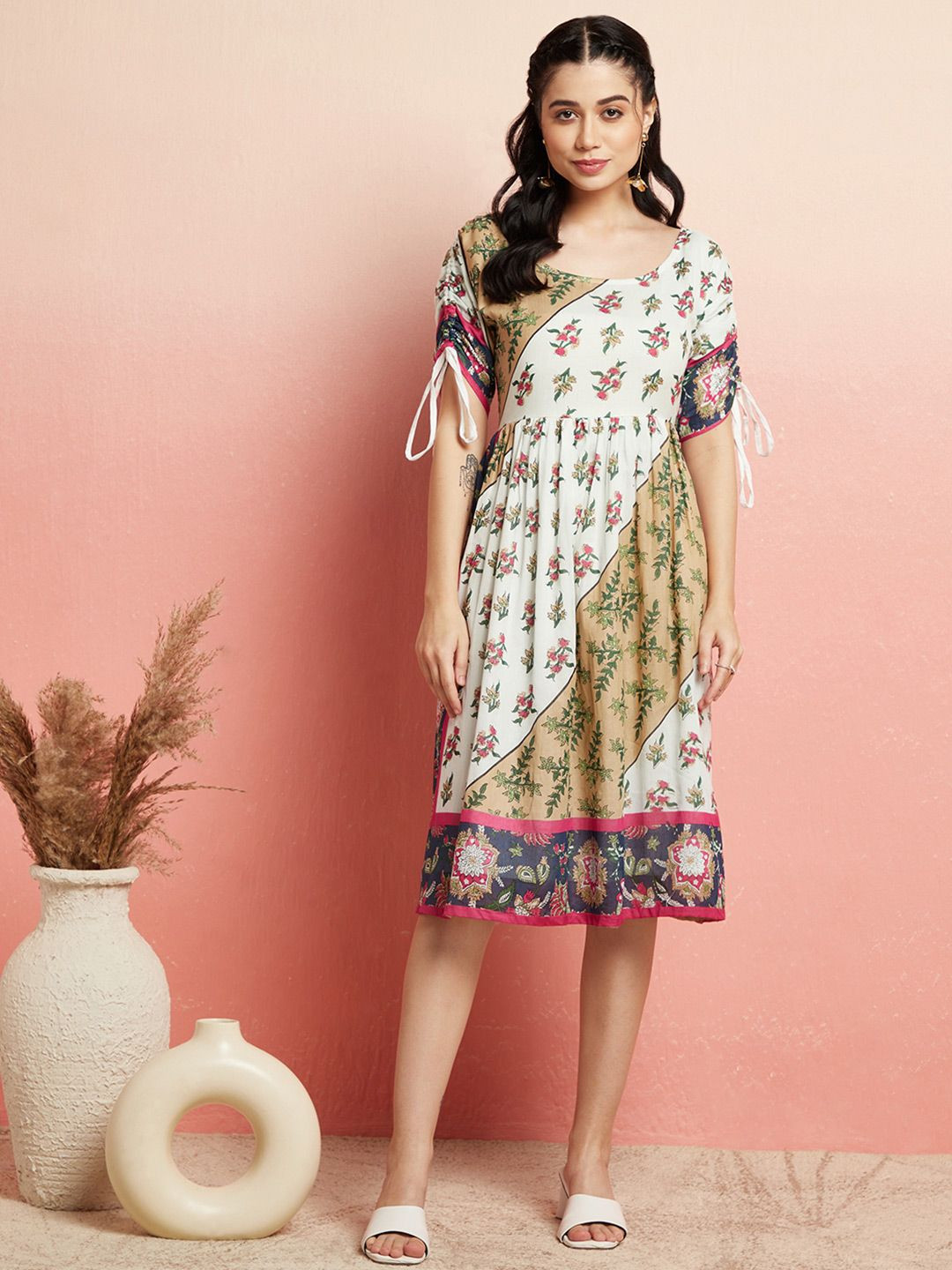 Off white floral printed midi dress