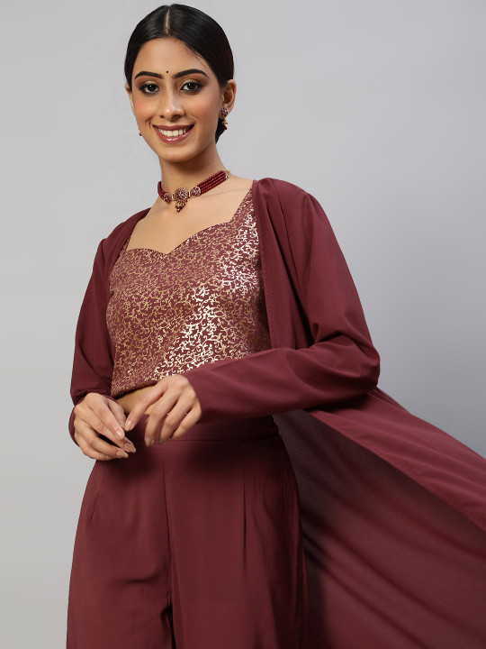 Maroon sequined crop top with dhoti pants