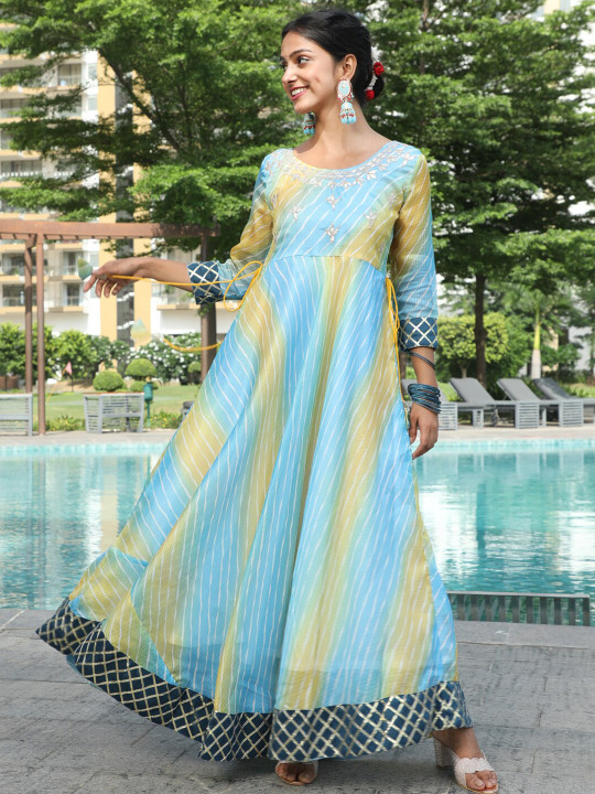 Blue and yellow Leheriya maxi dress