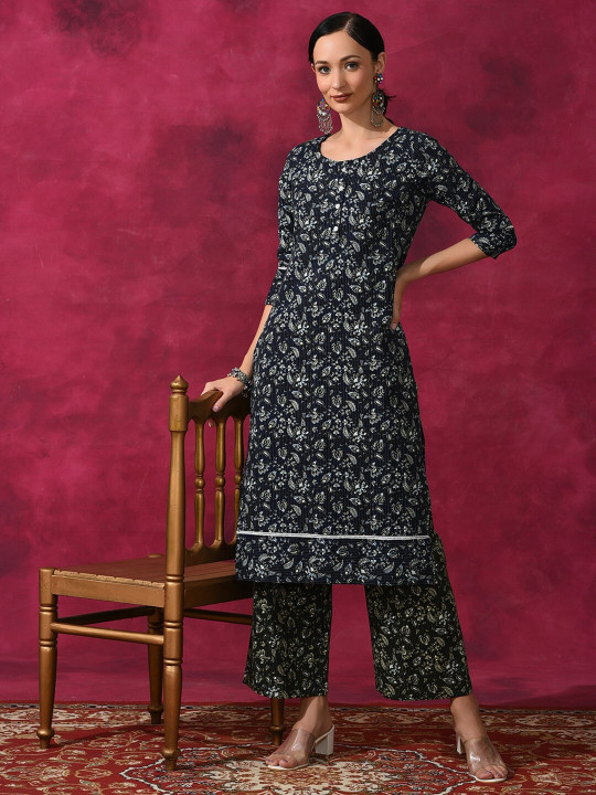 Navy blue printed kurta palazzo set