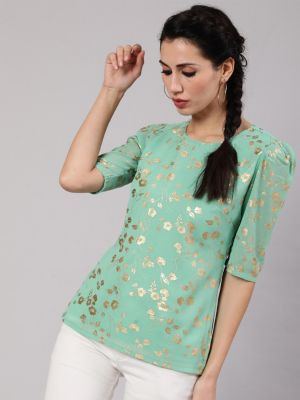 Sea Green Floral Printed Puff Sleeves Top