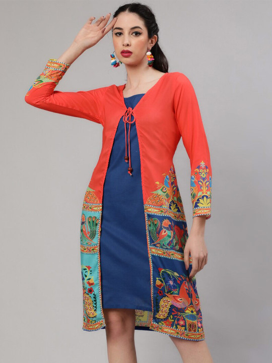 Orange Ethnic Motifs Printed Sheath Dress with Shrug