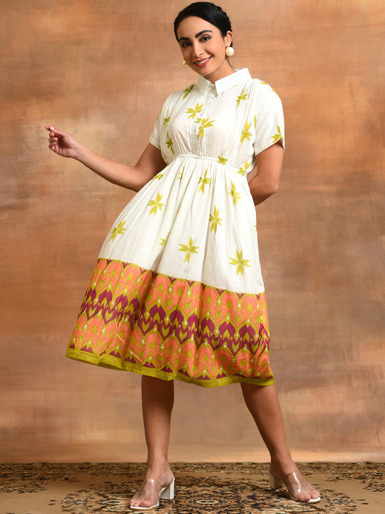 White and green floral shirt dress