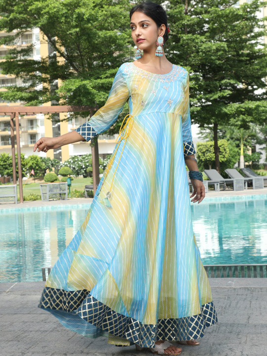 Blue and yellow Leheriya maxi dress