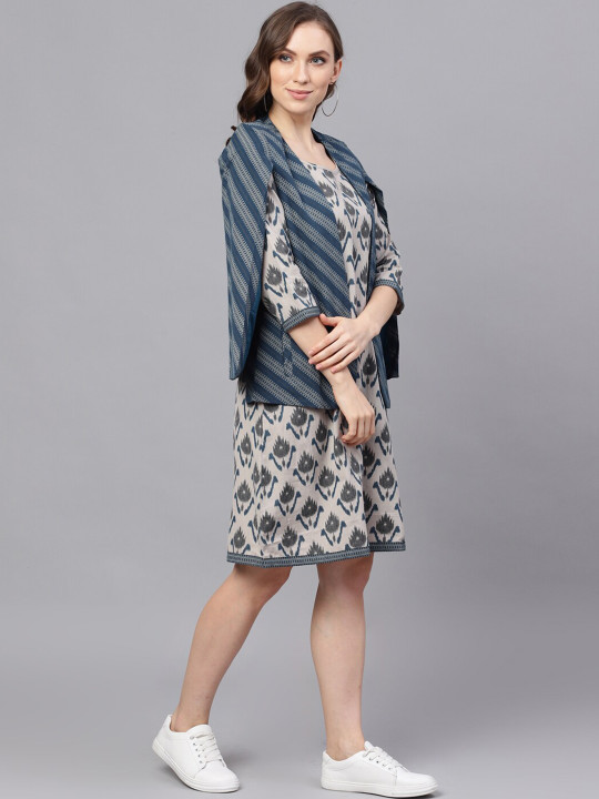 Grey & Blue Ikat Printed A-Line Dress with Cape Jacket