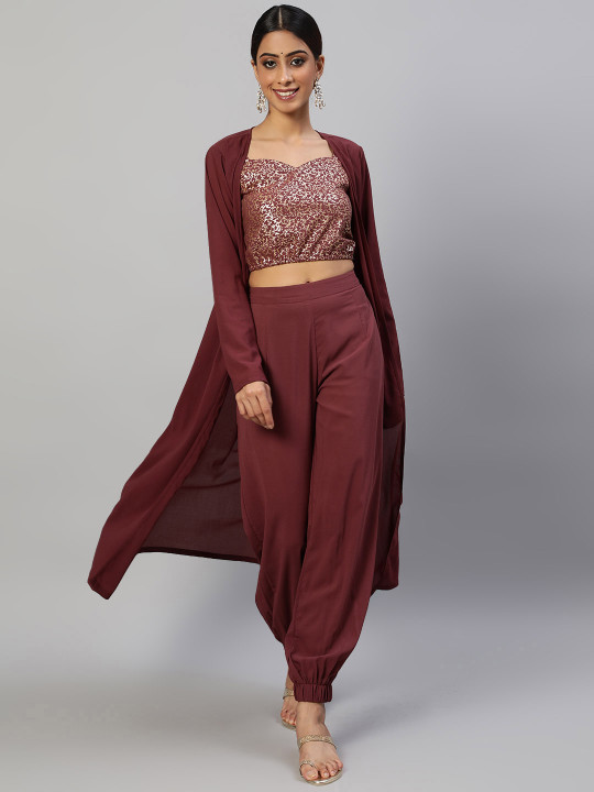 Maroon sequined crop top with dhoti pants