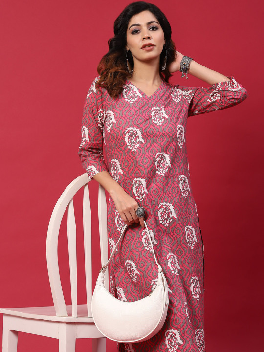 Pink and grey ethnic printed kurta set
