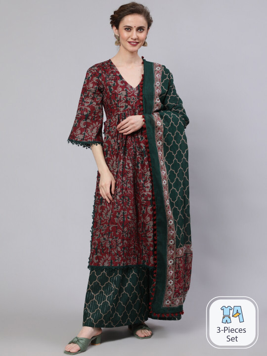 Maroon and green ethnic kurta set