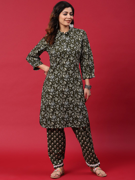 Olive green floral printed kurta set