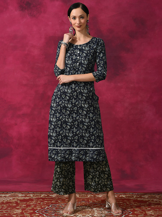 Navy blue printed kurta palazzo set