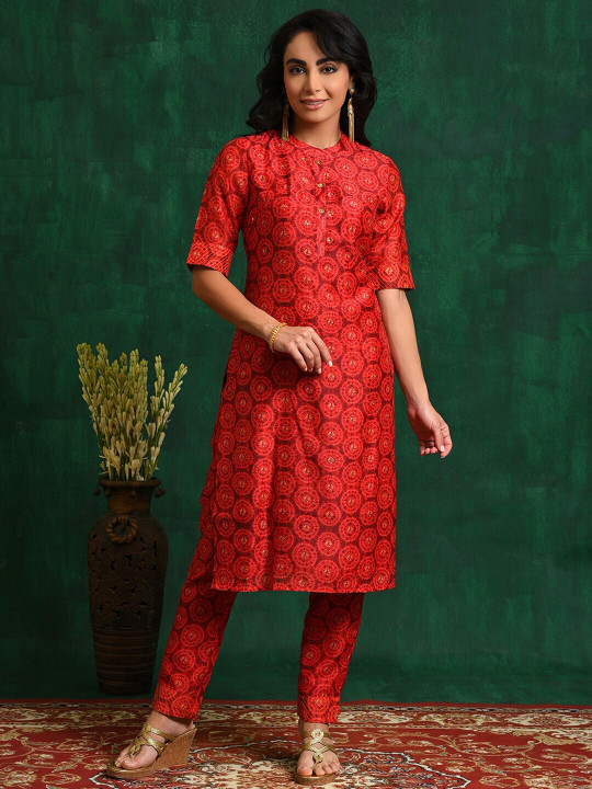 Red ethnic printed kurta set