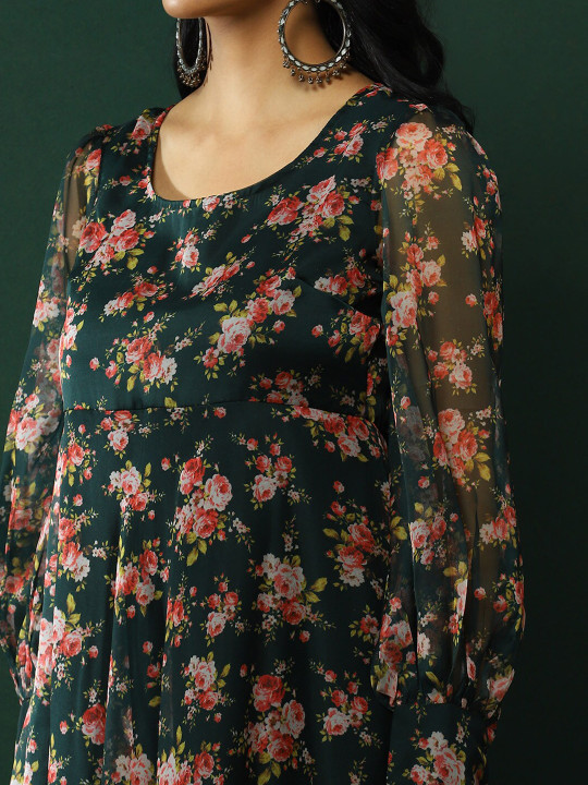 Dark green floral printed Anarkali set