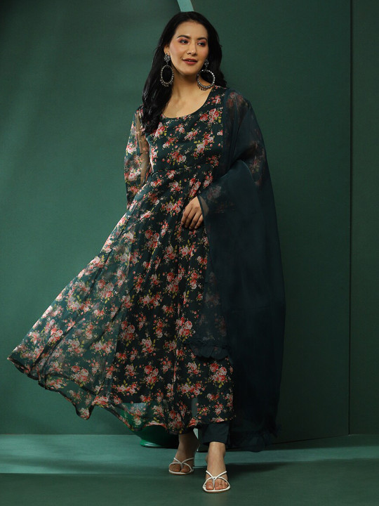 Dark green floral printed Anarkali set